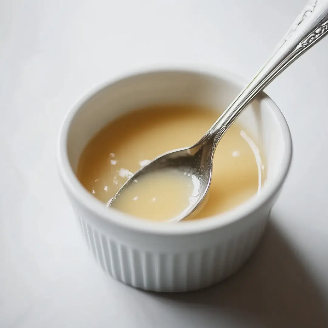 A close-up of gelatin powder in a glass dish, placed on a white surface with blurred ramekins in the background.