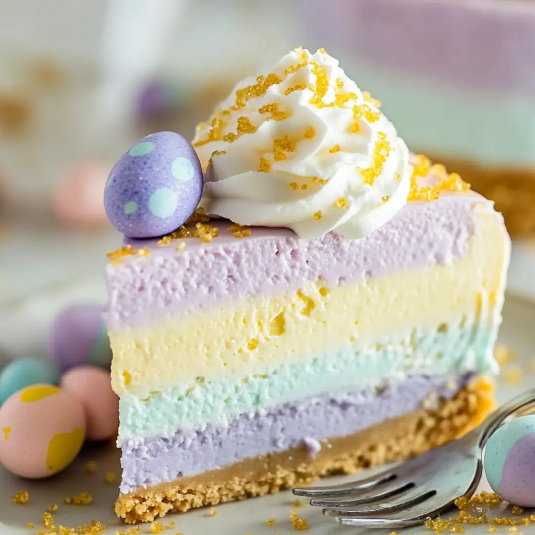 A pastel-layered Easter Jello Pie slice with purple, yellow, blue, and lavender layers, topped with whipped cream, golden sugar sprinkles, and a decorative speckled egg candy.