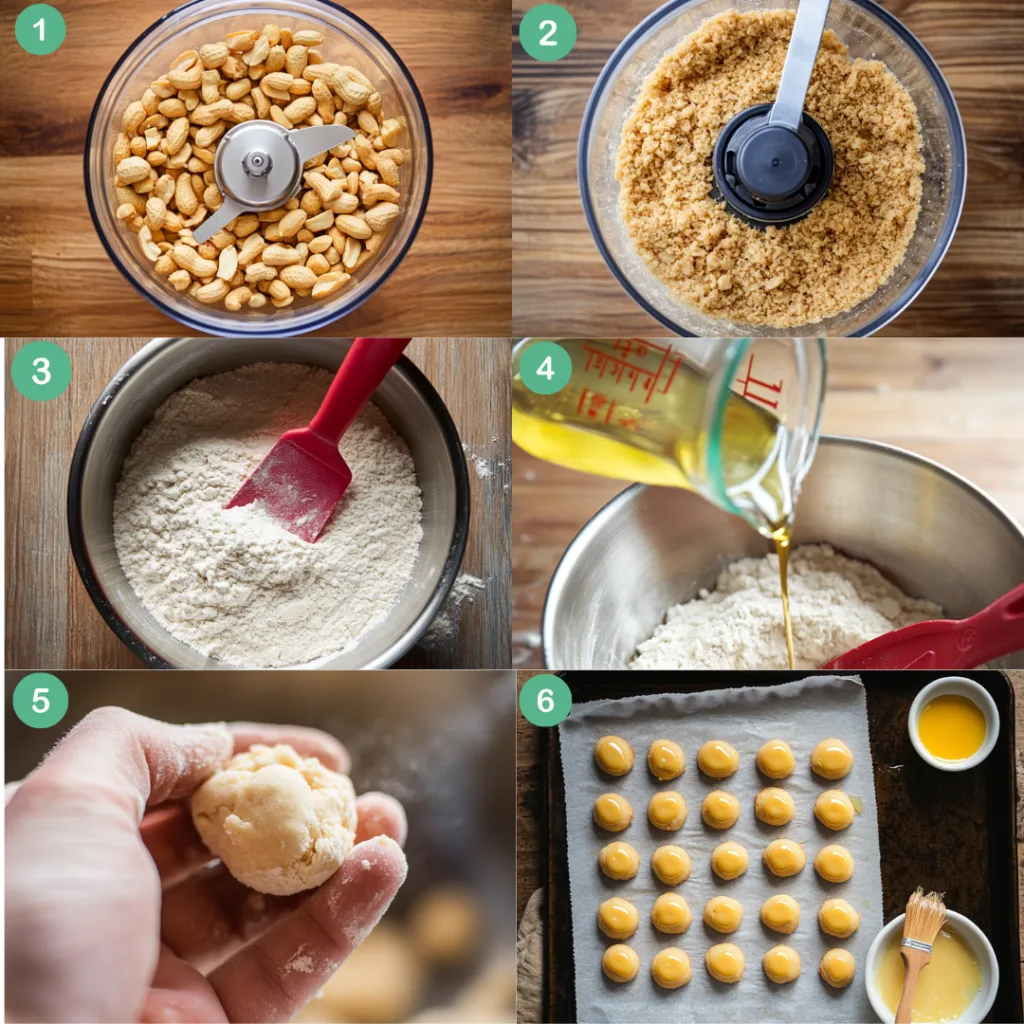 Step-by-step guide to making Chinese New Year Peanut Cookies, from grinding peanuts to shaping and baking the cookies.