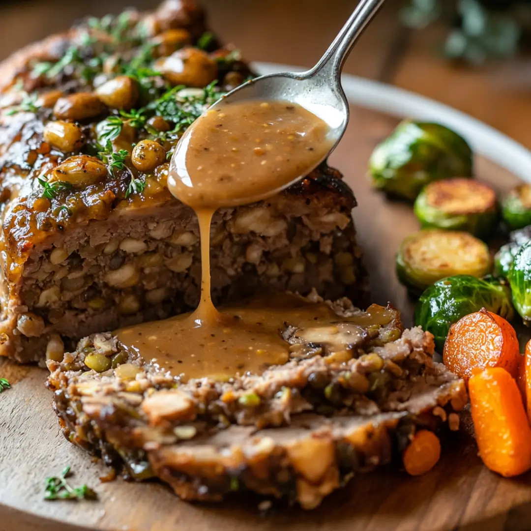 A rich and hearty vegetarian nut roast with a golden crust, drizzled with mushroom gravy, served with roasted carrots and Brussels sprouts.