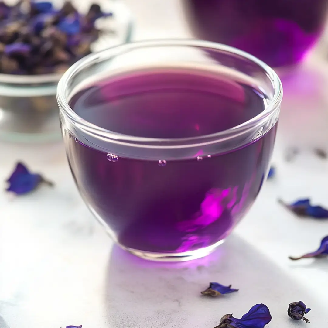 A cup of deep purple butterfly pea flower tea, surrounded by dried petals on a marble surface.
