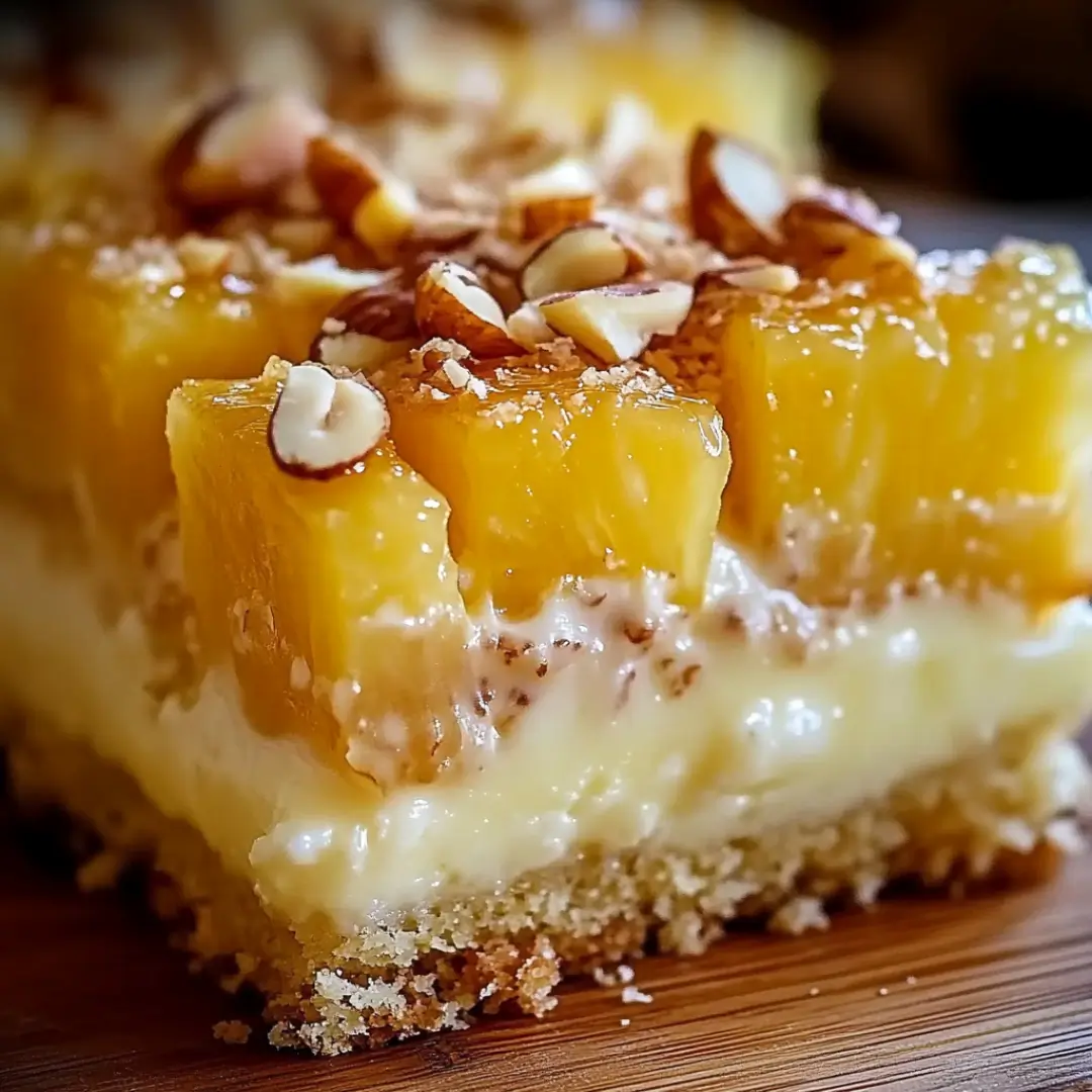 Creamy Hawaiian Pineapple Cake slice topped with pineapple chunks and chopped pecans on a cookie crust
