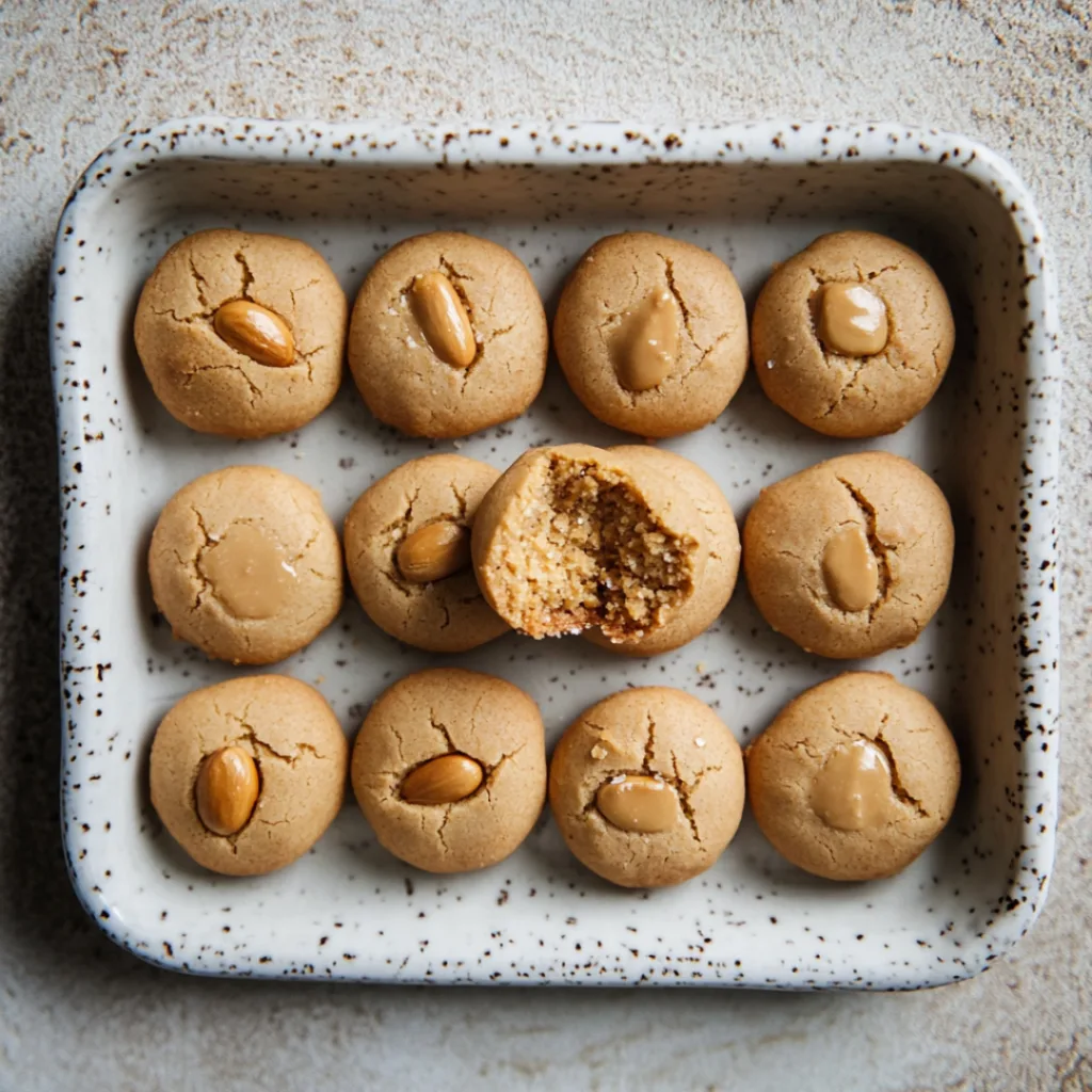 Close-up of freshly baked Chinese New Year Peanut Cookies, with a cracked, crumbly texture and a rich peanut filling.
