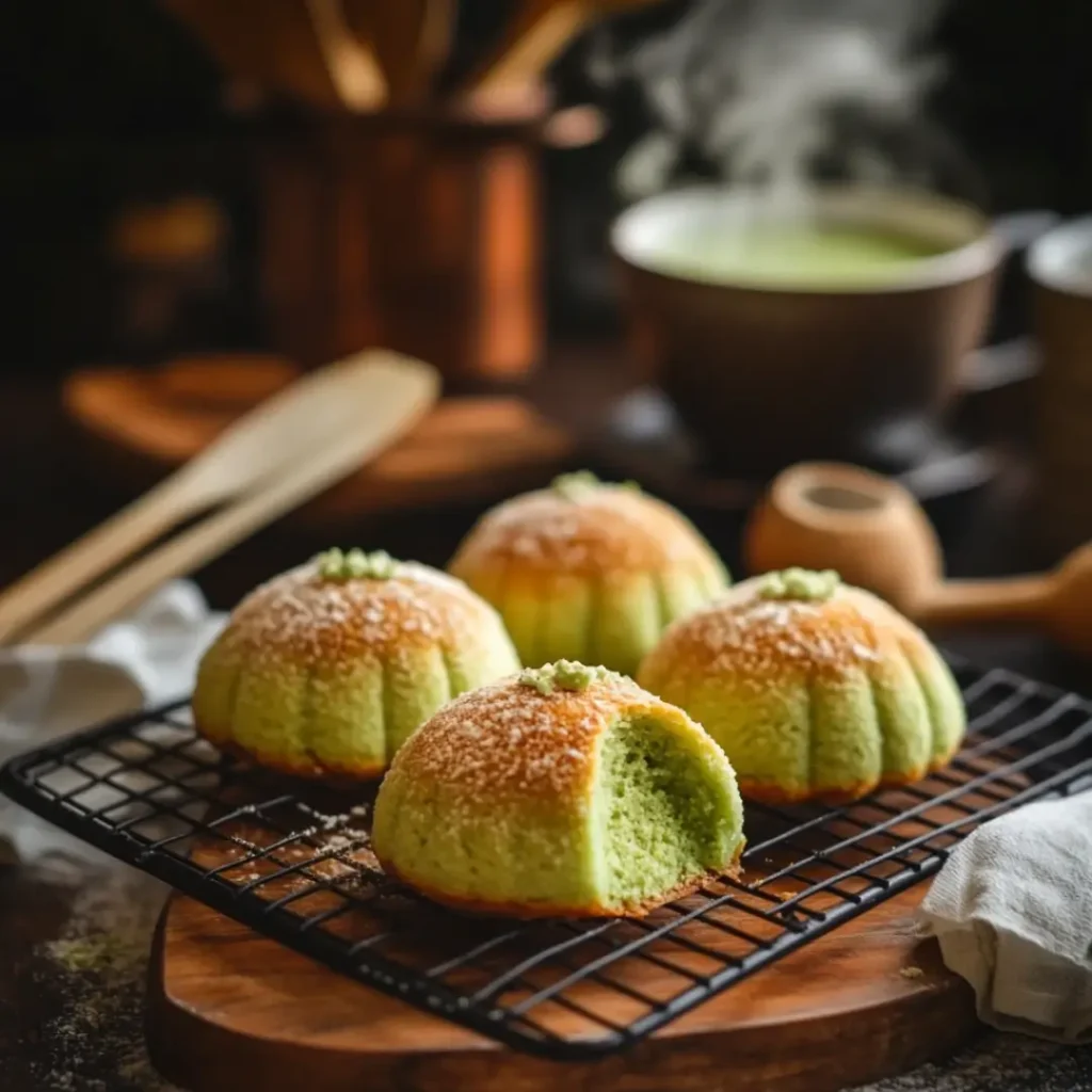 Freshly baked matcha melon pan cooling on a rack, showcasing a crispy cookie crust and soft interior.