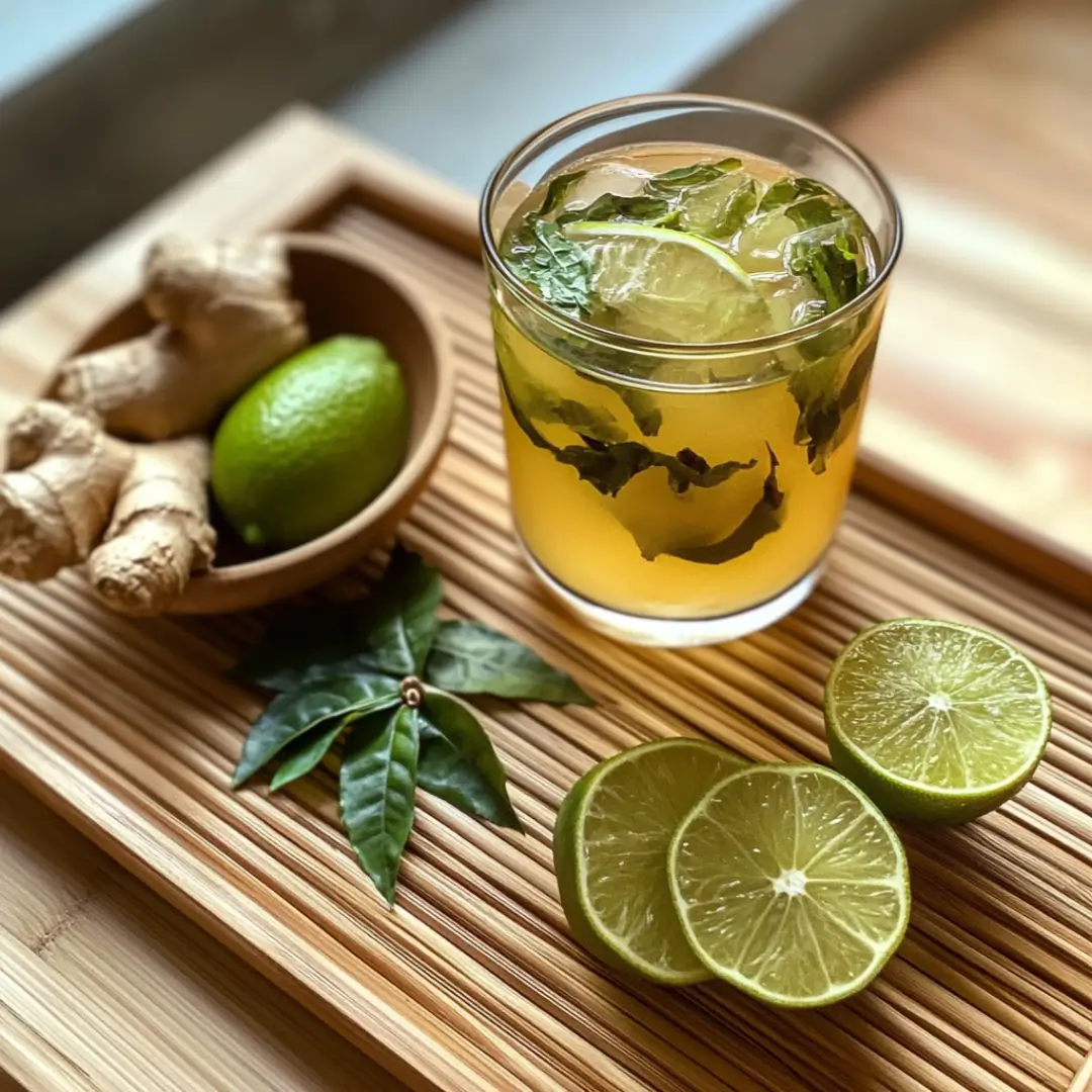 A glass of Brazilian Mounjaro drink made with green tea, lime, and ginger, served on a bamboo tray with fresh ingredients.