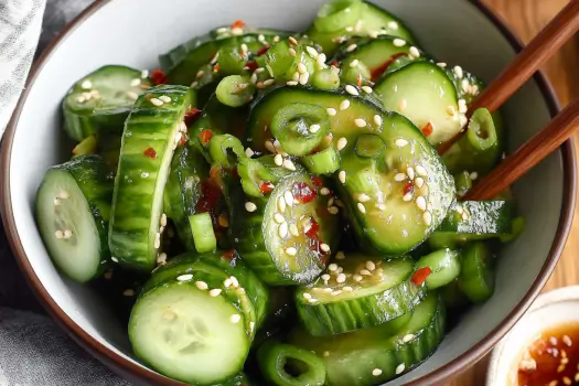 Close-up of a Chinese cucumber salad with smashed cucumbers, sesame seeds, green onions, and red chili flakes in a bowl, drizzled with garlic-soy dressing.