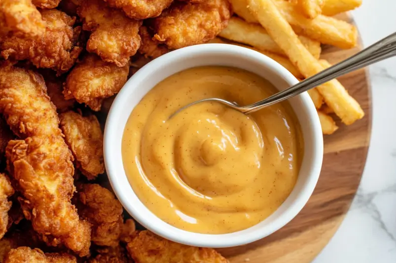 A bowl of homemade Chick-fil-A sauce surrounded by crispy waffle fries and chicken nuggets on a wooden board.