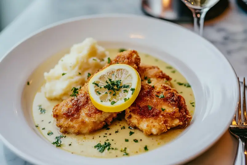 Chicken Francaise plated with golden crispy chicken and lemon butter sauce, garnished with fresh parsley and lemon slices.