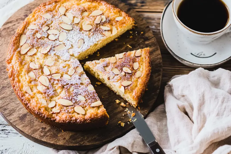 Freshly baked Swedish Almond Cake with a golden caramelized almond topping, served with coffee on a rustic wooden table.