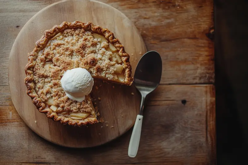 Freshly baked Dutch Apple Pie with golden crumb topping and a scoop of melting vanilla ice cream.