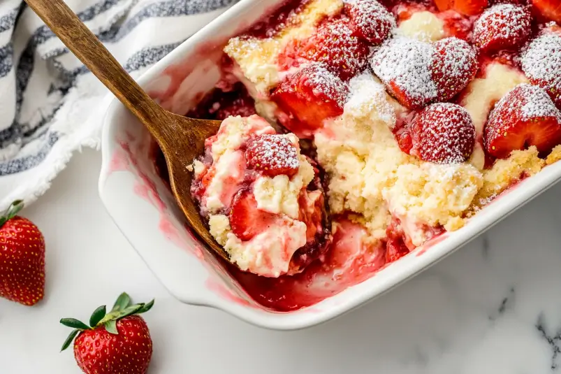 Freshly baked strawberry cheesecake dump cake in a white dish, with golden cake topping and creamy cheesecake swirls.