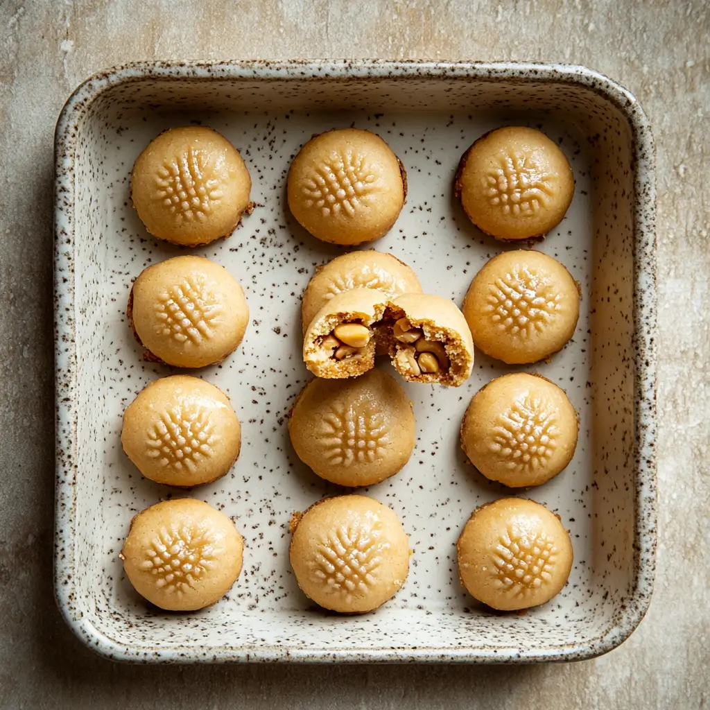 A tray of freshly baked golden brown cookies with a crisp exterior and soft, chewy center.