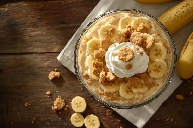 A close-up of Nabisco banana pudding in a trifle dish, layered with custard, Nilla Wafers, and banana slices, topped with whipped cream.