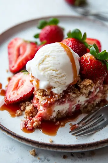A plated serving of strawberry cheesecake dump cake with vanilla ice cream and fresh strawberries.