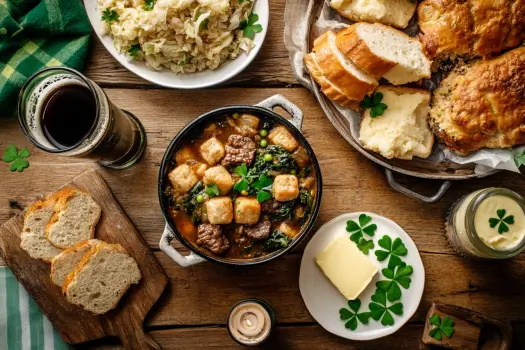 St. Patrick’s Day feast with Irish stew, corned beef, and soda bread on a rustic table.