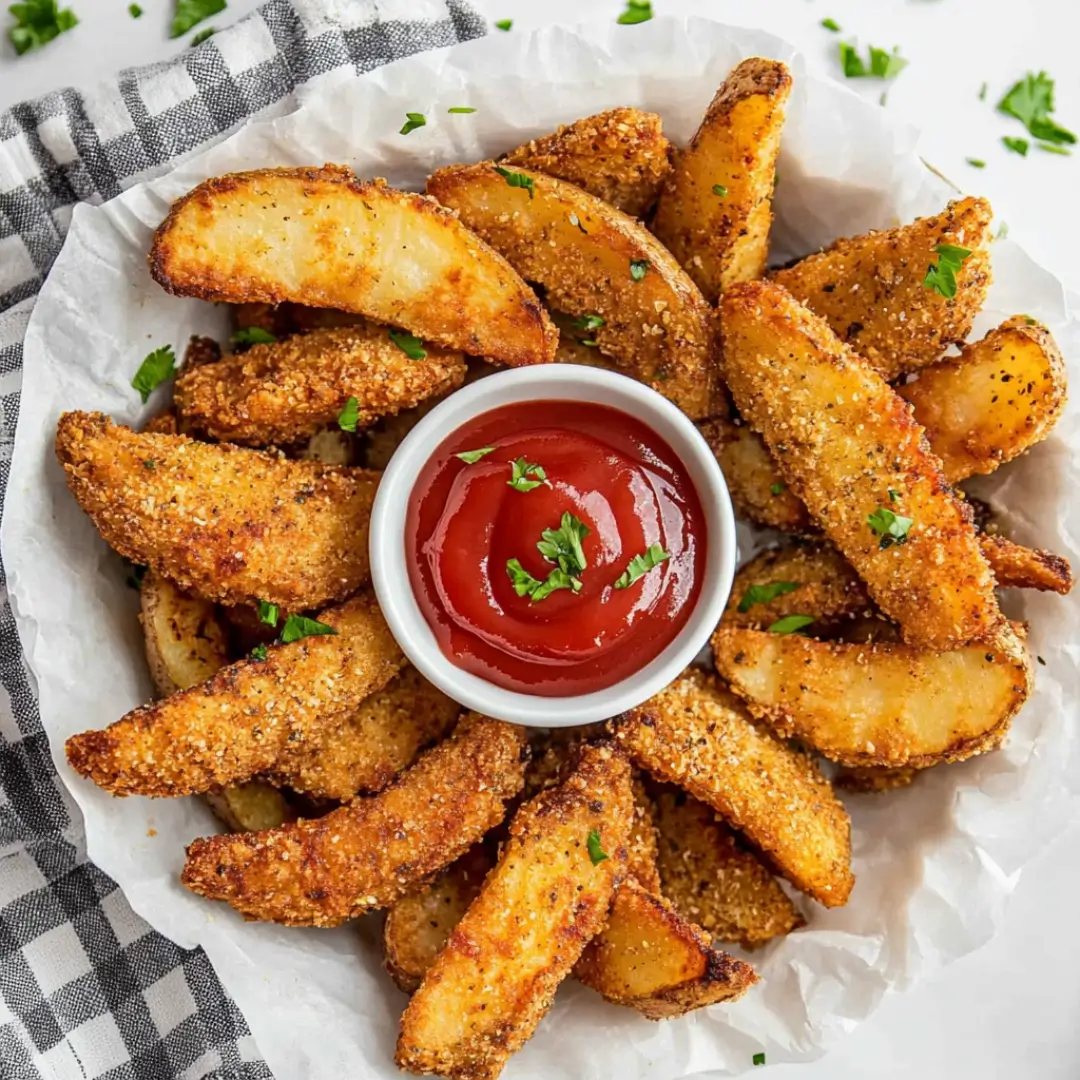 Crispy homemade potato wedges served with ketchup and garnished with fresh parsley.