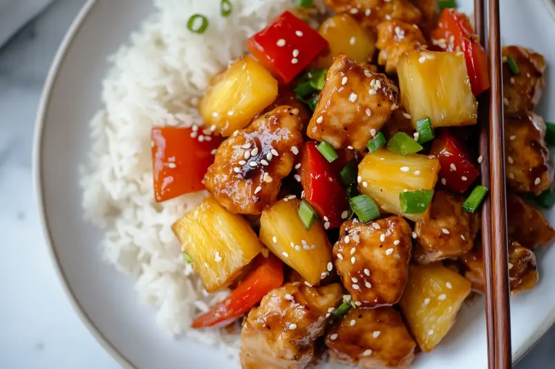 Sticky pineapple chicken stir-fry with golden-brown chicken, caramelized pineapple chunks, and bell peppers served on a plate with jasmine rice.