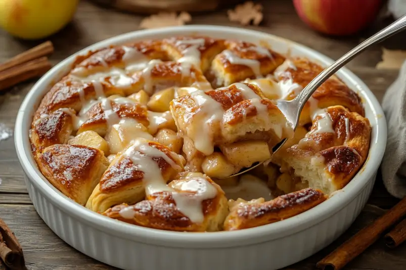 Warm and gooey cinnamon roll apple pie filling in a white baking dish, drizzled with icing, on a rustic wooden table with apples and cinnamon sticks.