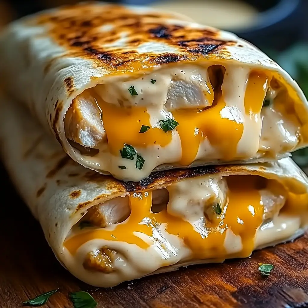 Crispy cheesy garlic chicken wraps with melted cheese oozing from a golden-brown tortilla, garnished with fresh herbs.