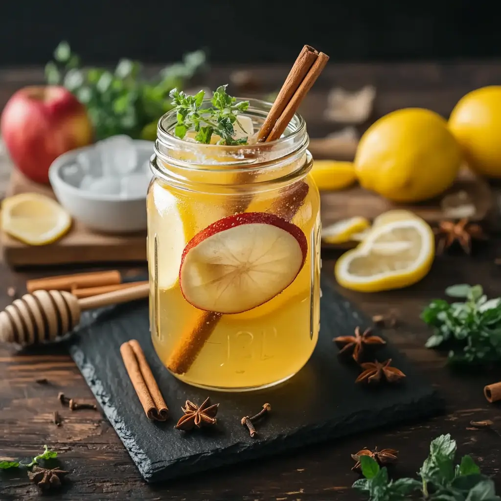 Step-by-step images of making the Brazilian Mounjaro drink, showing honey being poured, mixed with lemon and cinnamon, and the final frothy drink.