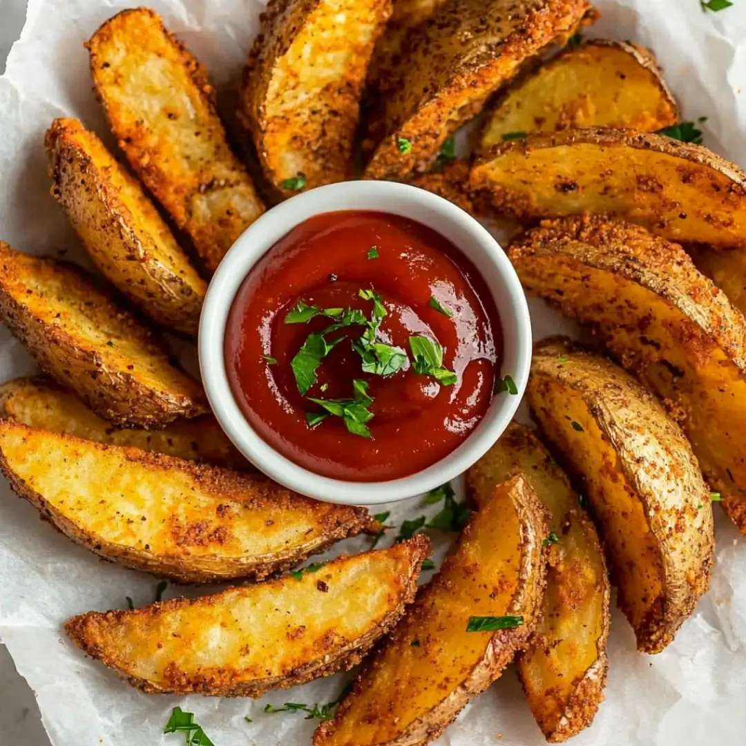 Crispy, golden-brown potato wedges with a flavorful seasoning, served with ketchup and garnished with fresh parsley.