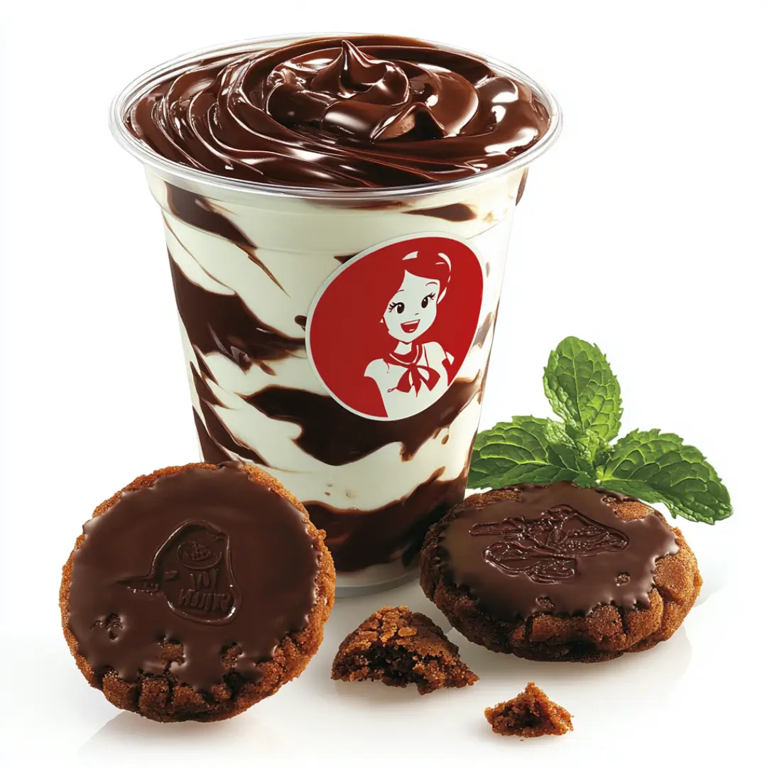 Wendy’s Thin Mint Frosty in a clear cup, drizzled with chocolate syrup, paired with Thin Mint cookies and fresh mint leaves.