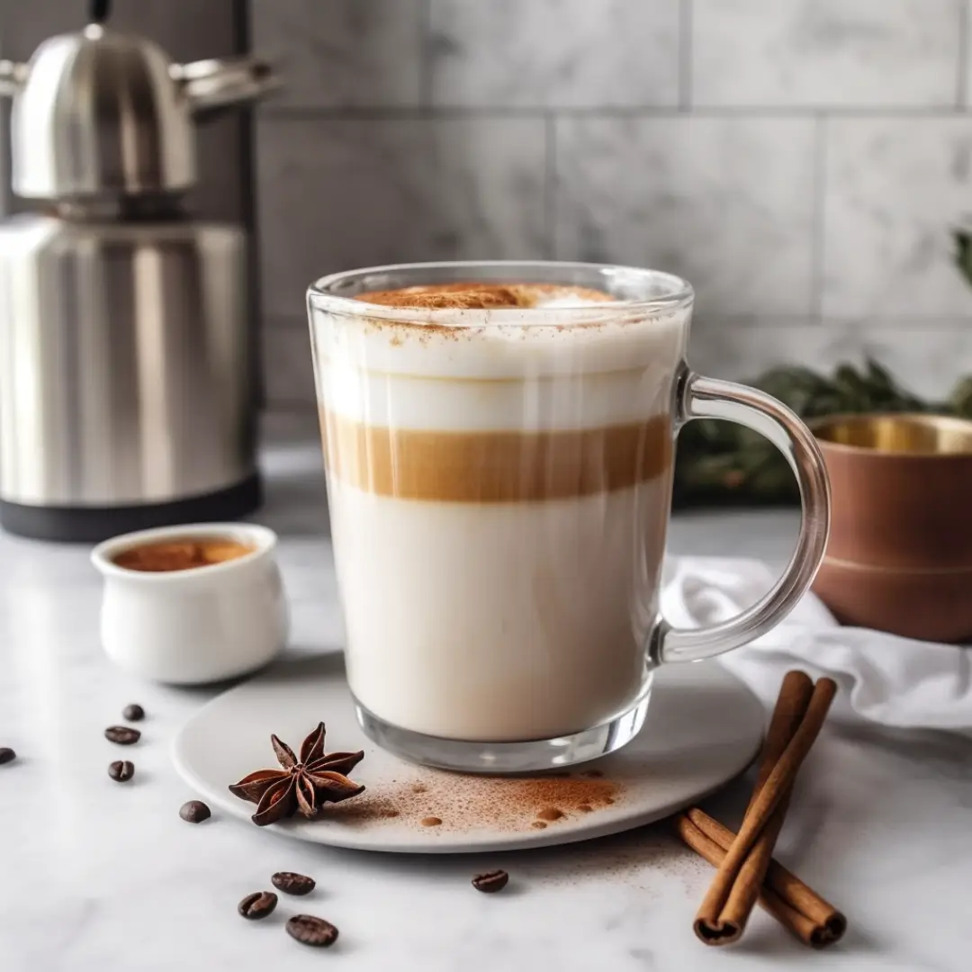 A layered coffee drink with cinnamon and star anise, served in a glass mug—perfect for a delicious and healthy coffee recipe.