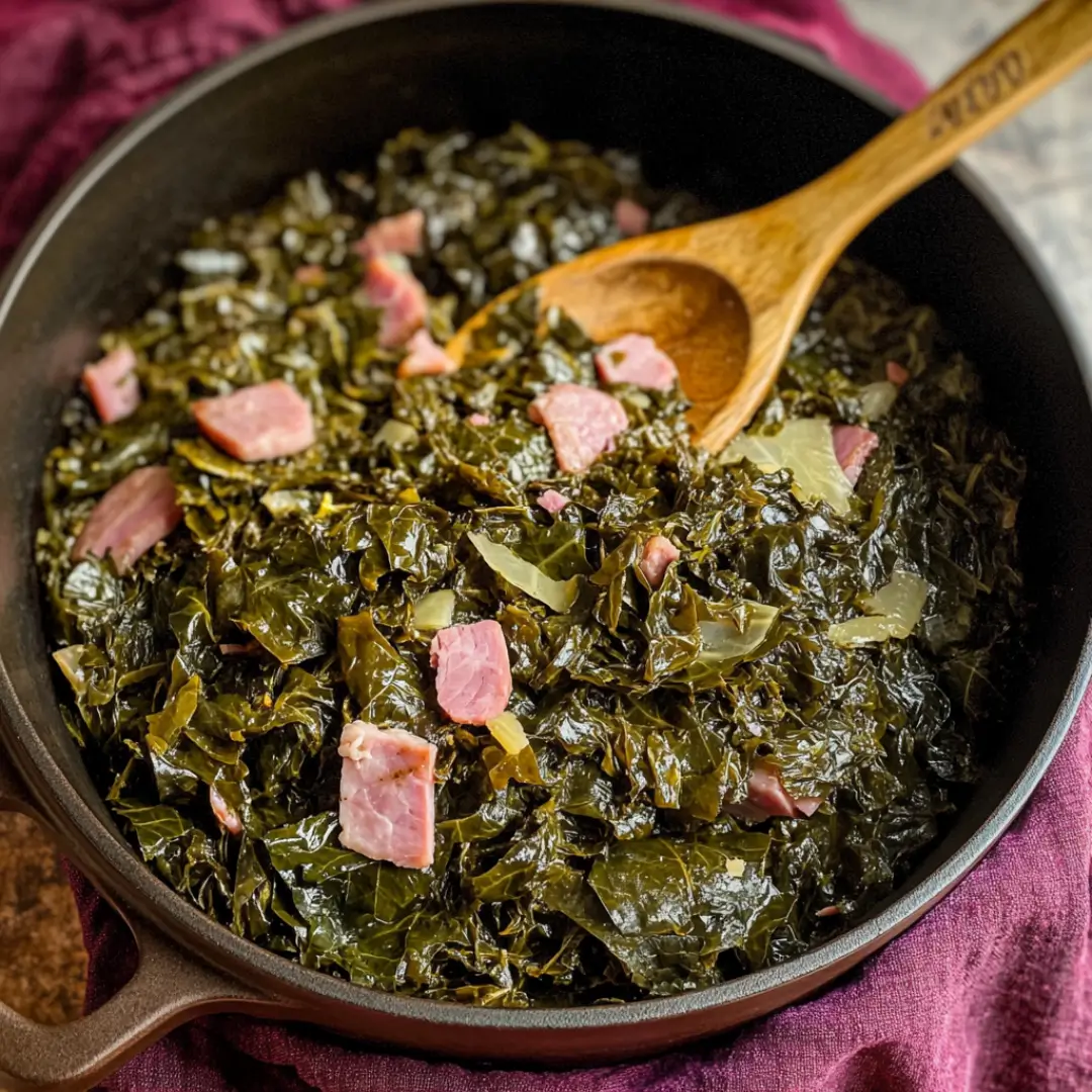 Tender collard greens with smoky ham hocks in a cast iron skillet, ready to serve.