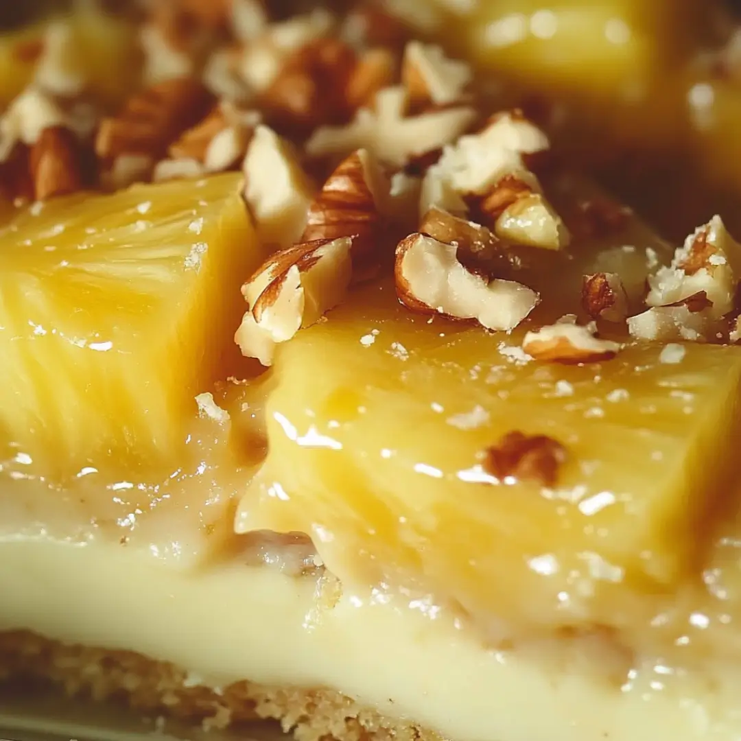 Close-up of Hawaiian Pineapple Cake topped with juicy pineapple chunks and chopped pecans