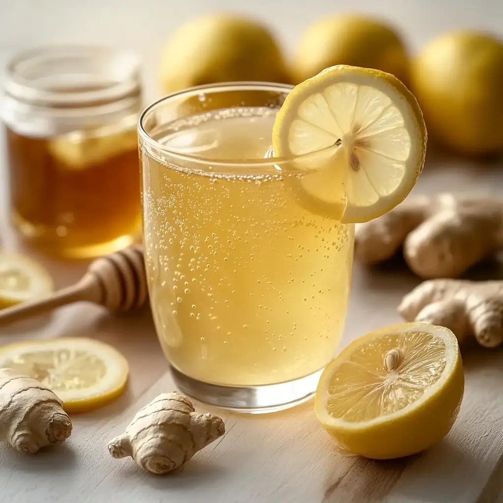 A glass of sparkling Mounjaro drink with lemon, ginger, and honey on a rustic wooden table.