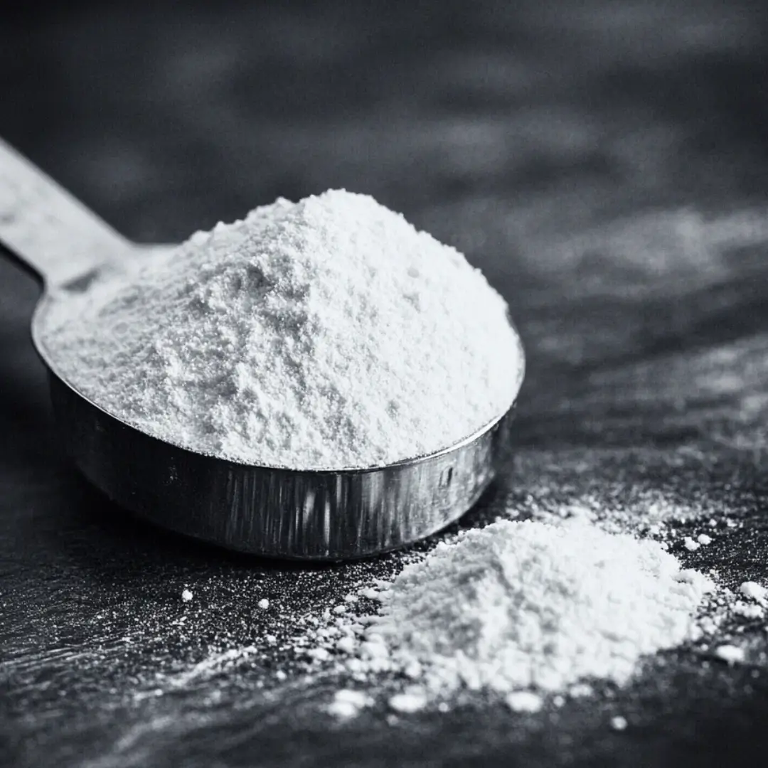 Spoonful of baking soda on a dark countertop, close-up shot