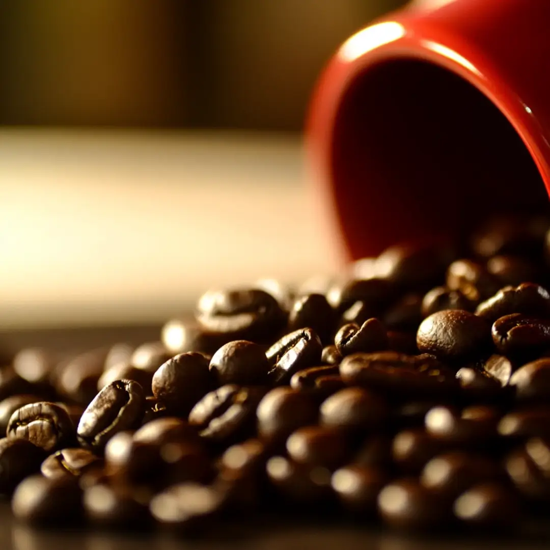 Close-up of spilled coffee beans from a red cup, illustrating the decaffeinated coffee recall FDA topic.