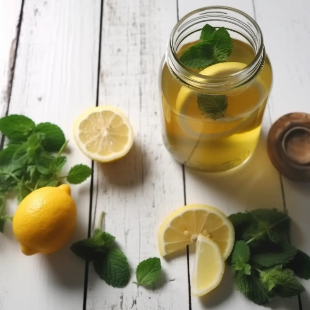 Refreshing lemon balm tea with lemon slices and mint in a mason jar on white wood, a tasty herbal recipe for weight loss