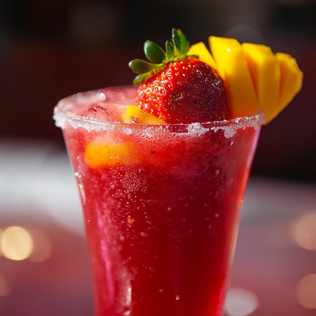 Bright red hibiscus tea strawberry-lemonade refresher garnished with fresh strawberry and mango slices in a sugar-rimmed glass