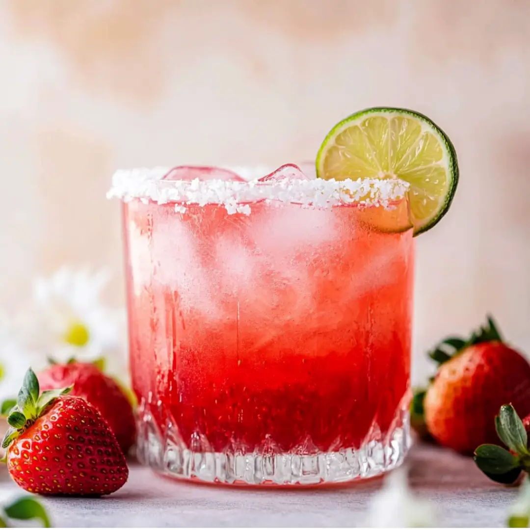 Chilled strawberry lime mocktail margarita with a salted rim and lime slice garnish
