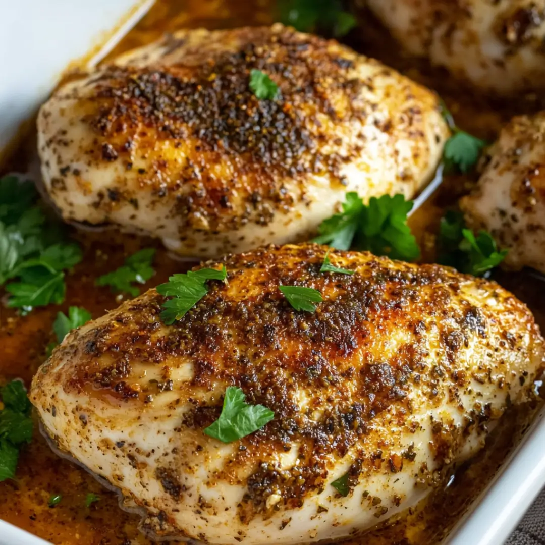 Juicy oven-baked chicken breasts seasoned with herbs and spices, garnished with fresh parsley in a white baking dish
