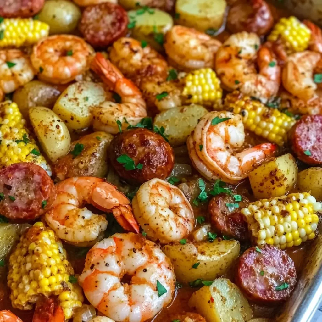 Sheet pan shrimp boil with corn, sausage, and baby potatoes topped with parsley