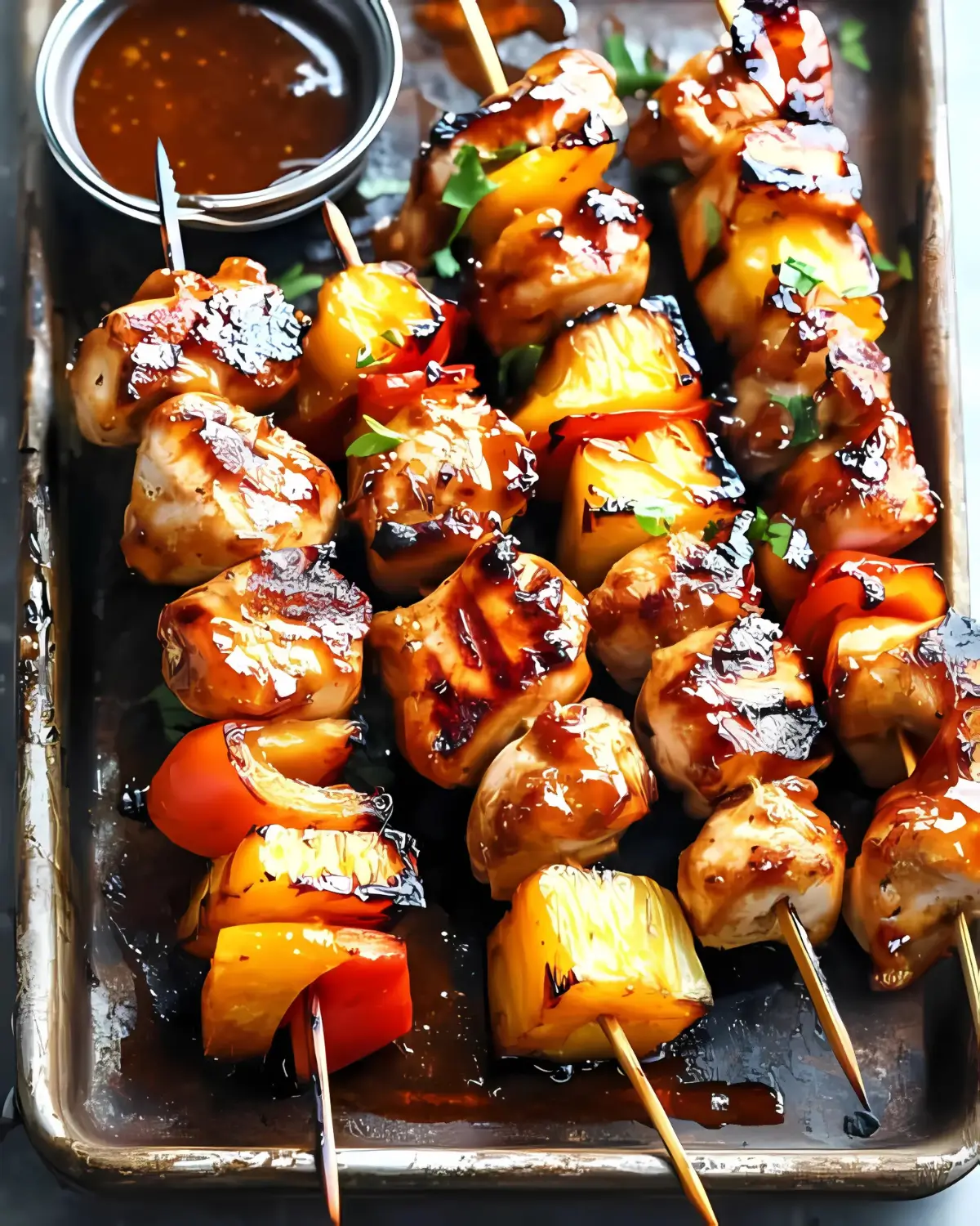 Chicken pineapple kabobs with red peppers grilled and coated in glossy BBQ sauce on a baking sheet.