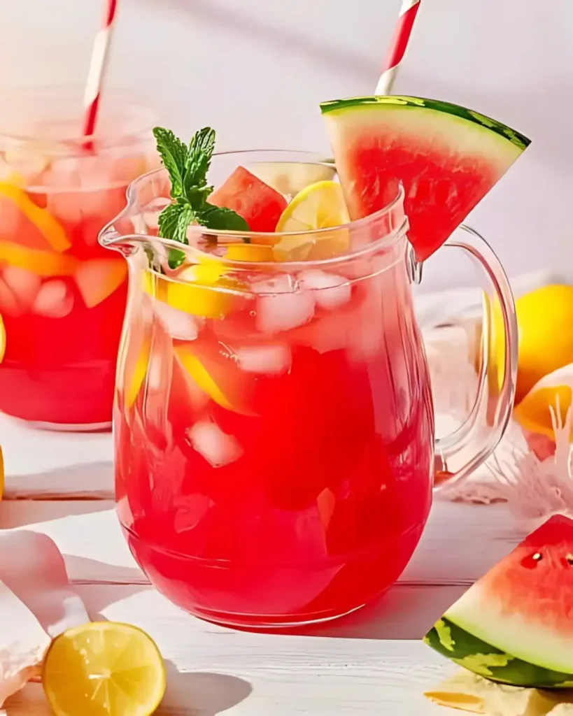Pitcher of Watermelon Lemonade with Fresh Fruit and Ice