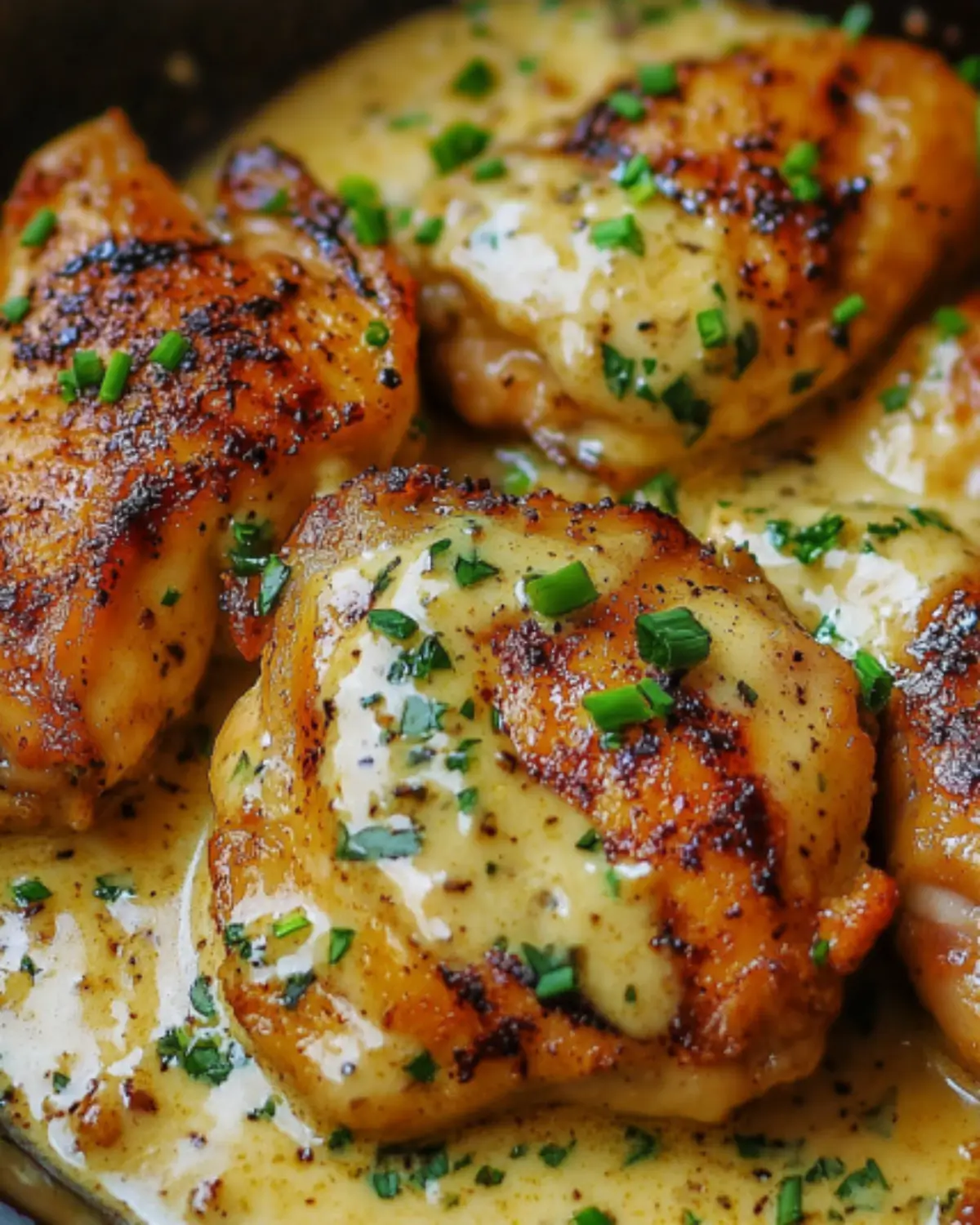 Creamy garlic herb chicken thighs in a skillet, coated in rich herb sauce and topped with chopped chives from an overhead view.
