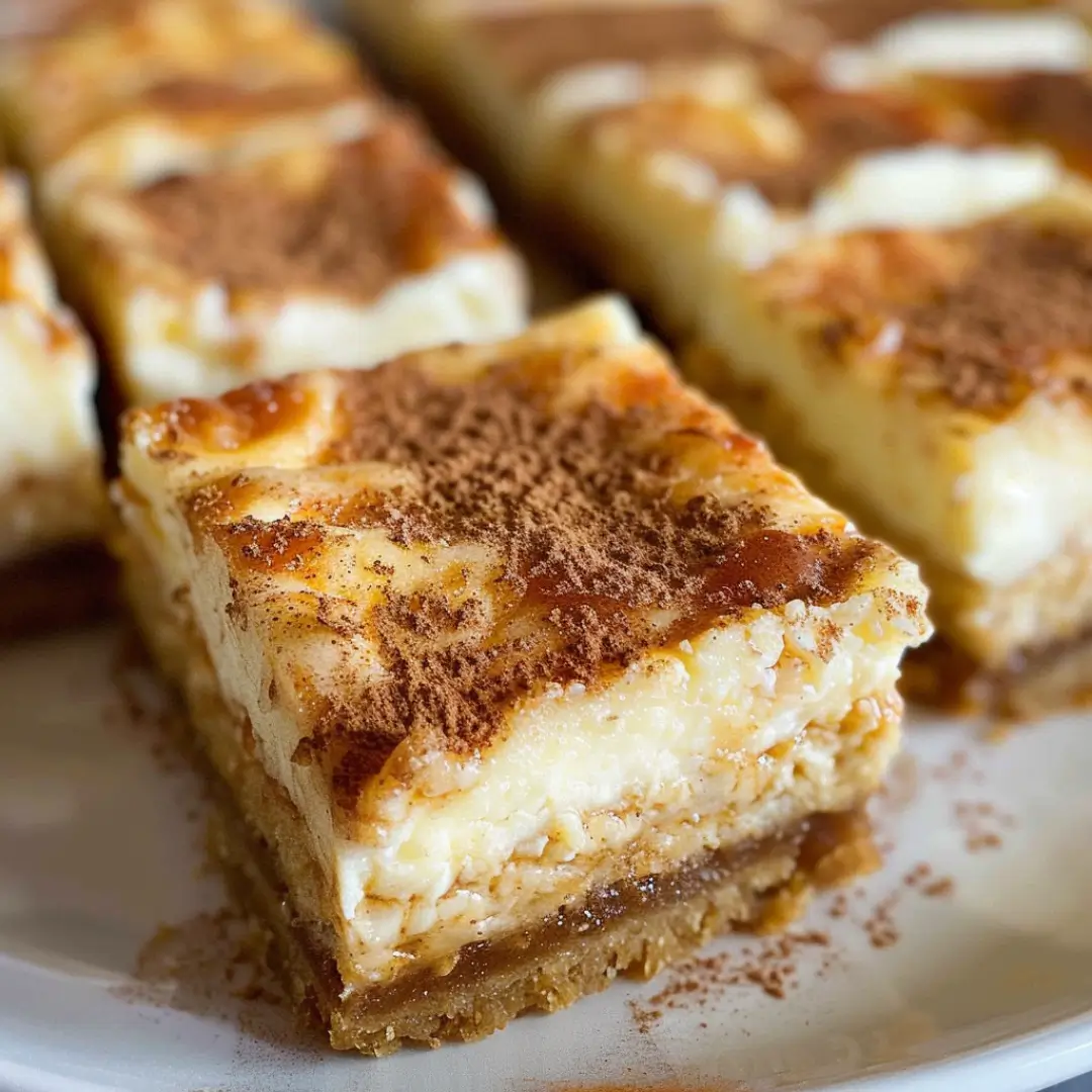 Delicious carrot cake bars with a creamy cheesecake swirl, topped with a dusting of cinnamon.