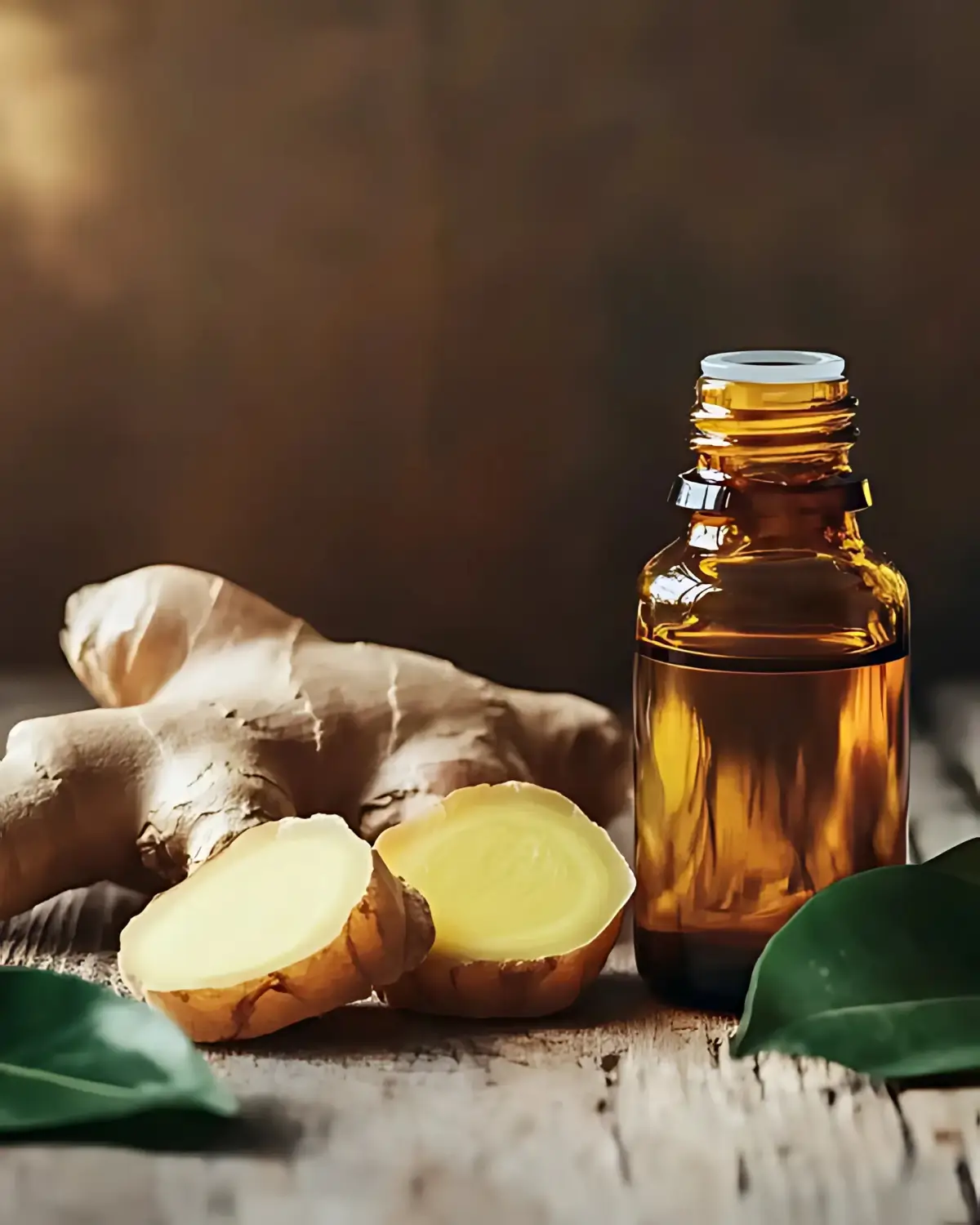 Fresh ginger root and ginger essential oil bottle on a rustic wooden table with green leaves.