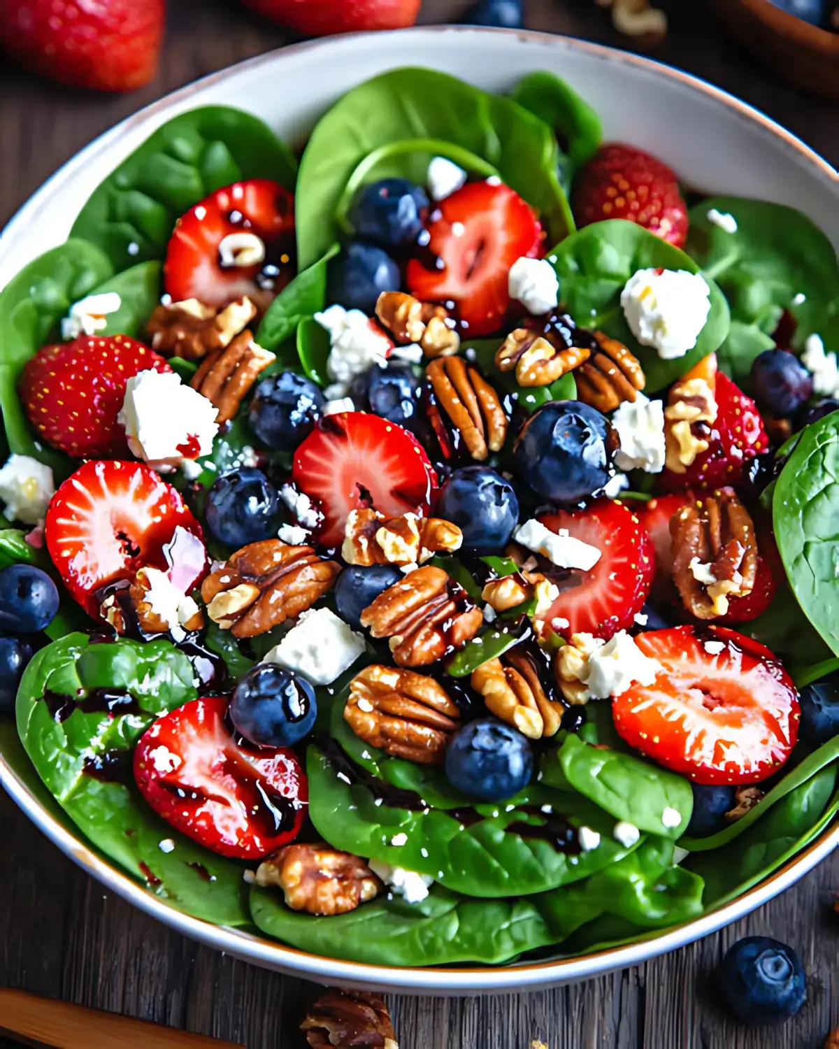 Fresh Strawberry Spinach Salad with blueberries, pecans, feta cheese, and balsamic glaze in a white bowl on a rustic wooden table.
