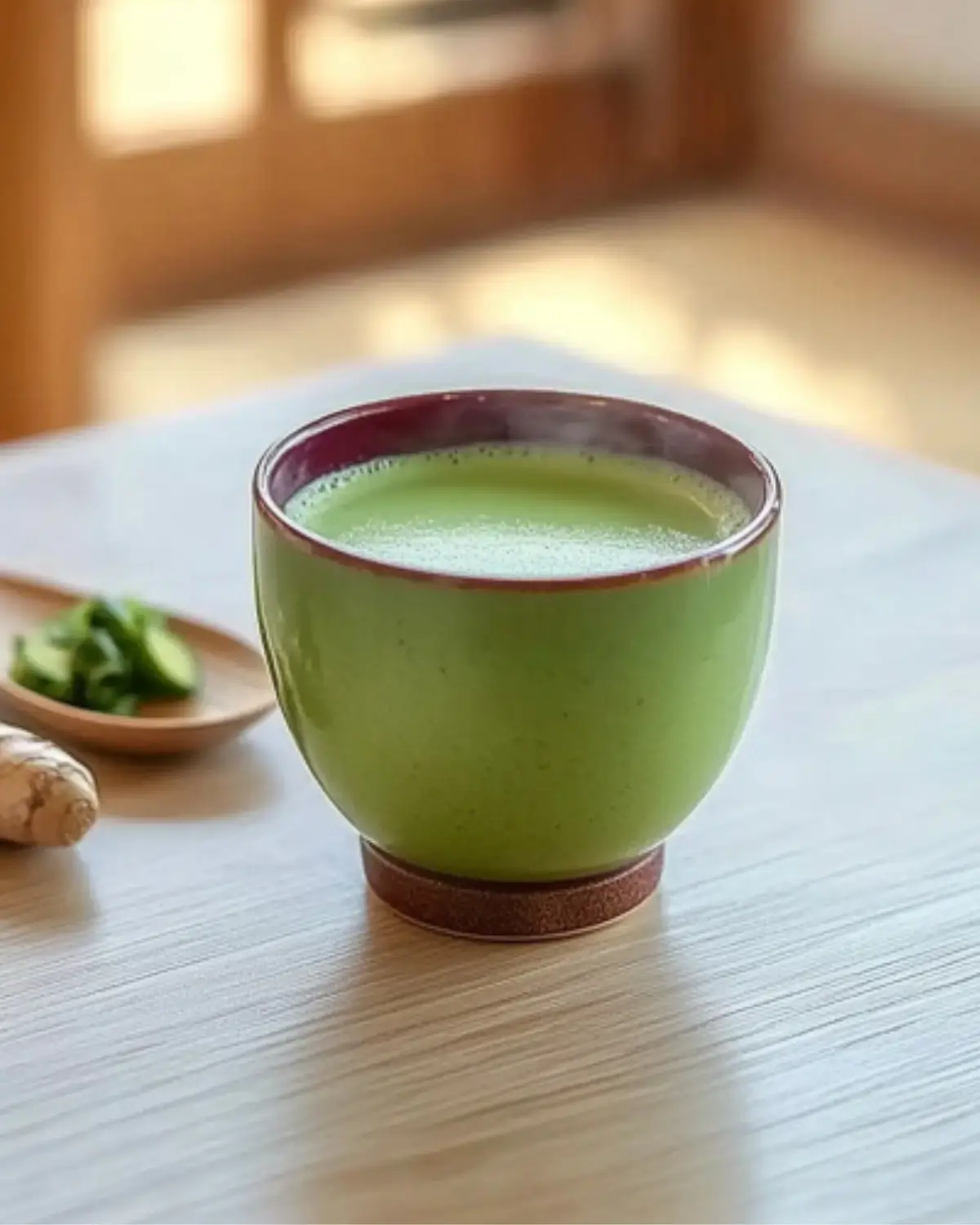 Green tea detox drink in a Japanese cup with fresh ginger and cucumber.
