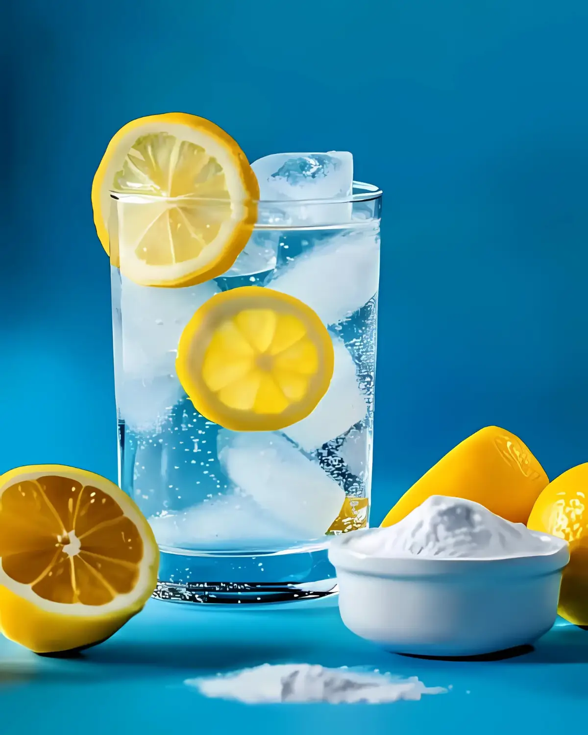 Glass of ice water with lemon slices, baking soda bowl, and whole lemons on a blue background for weight loss