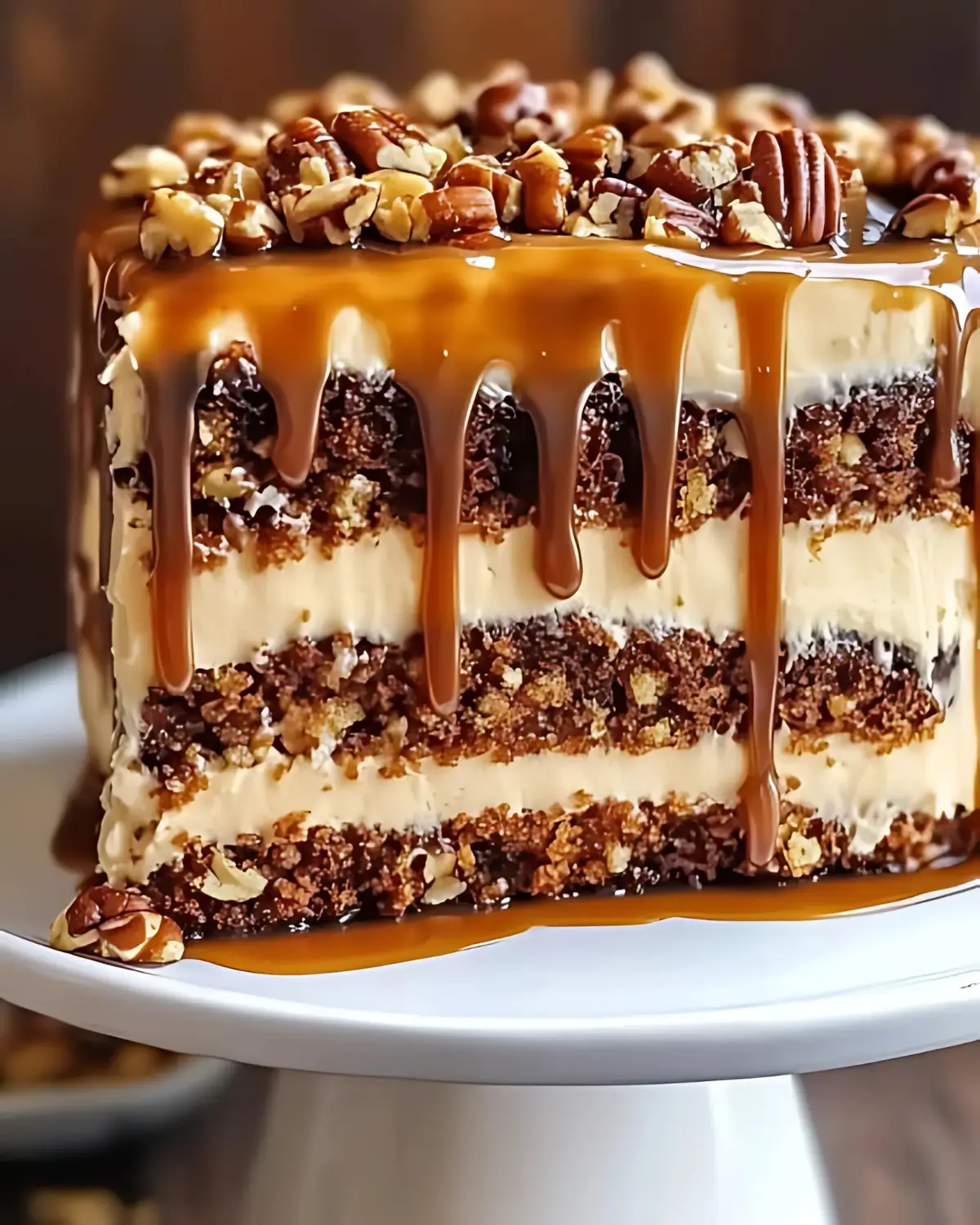 Close-up of a caramel toffee crunch cake slice with gooey caramel drizzle and crunchy pecan topping on a white cake stand.