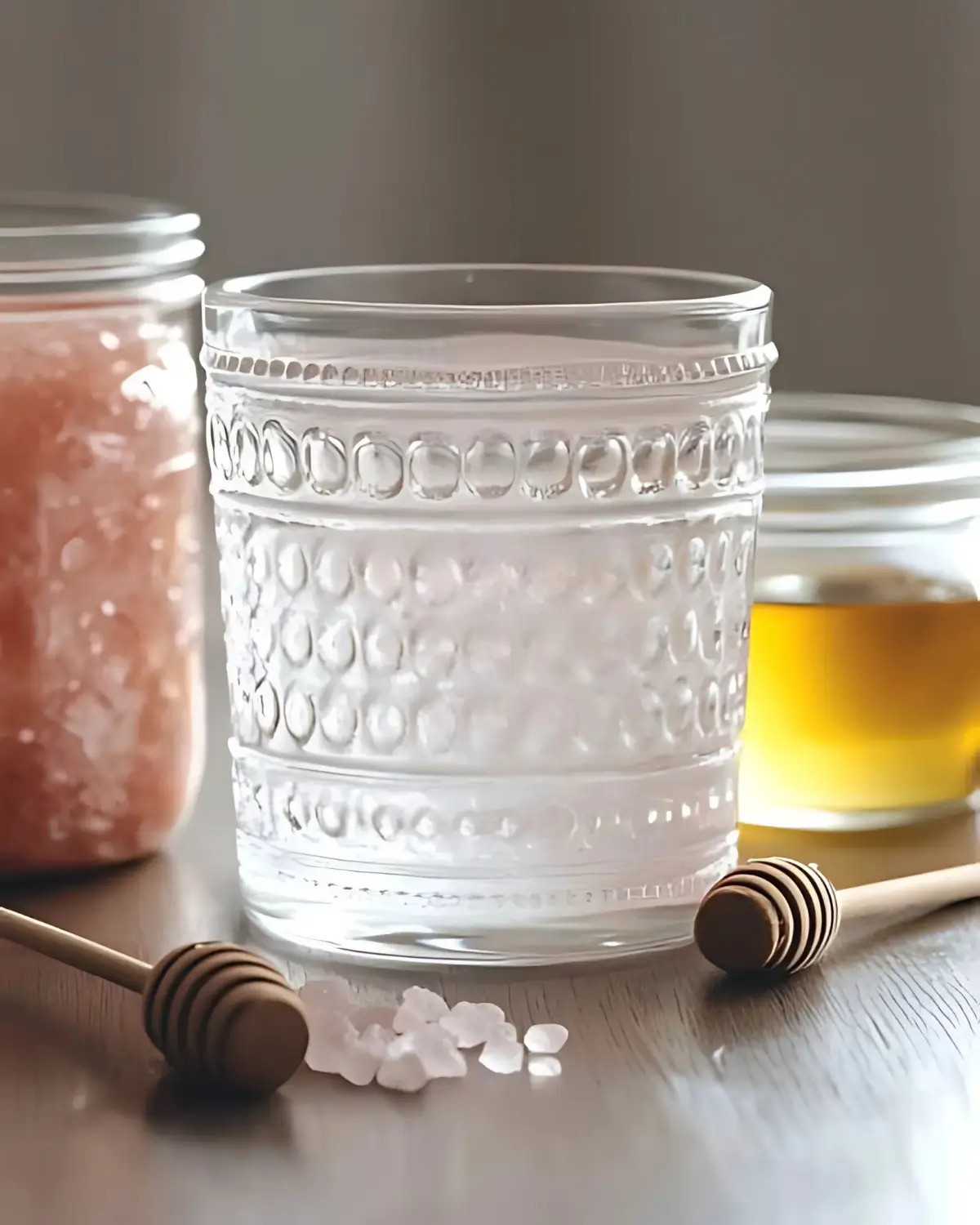 Iced pink salt and lemon drink with honey for natural detox and hydration