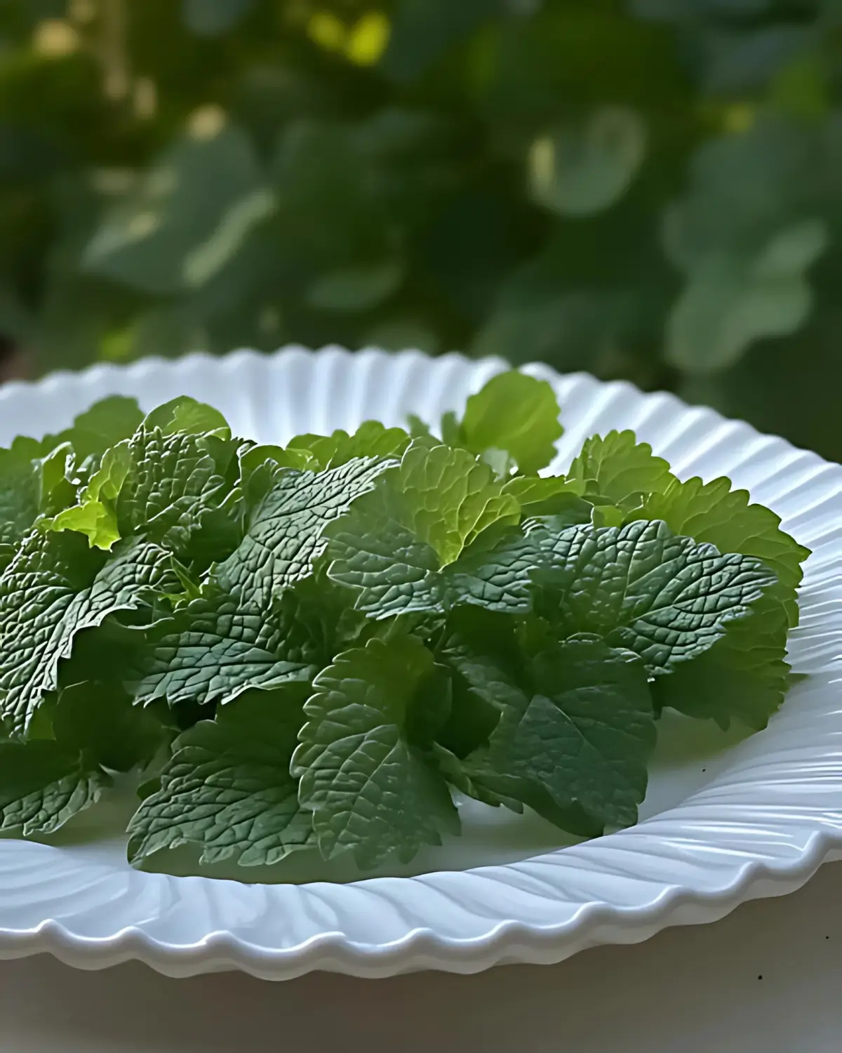 Fresh lemon balm leaves on a white plate with natural sunlight, perfect for herbal tea and natural weight loss remedies.