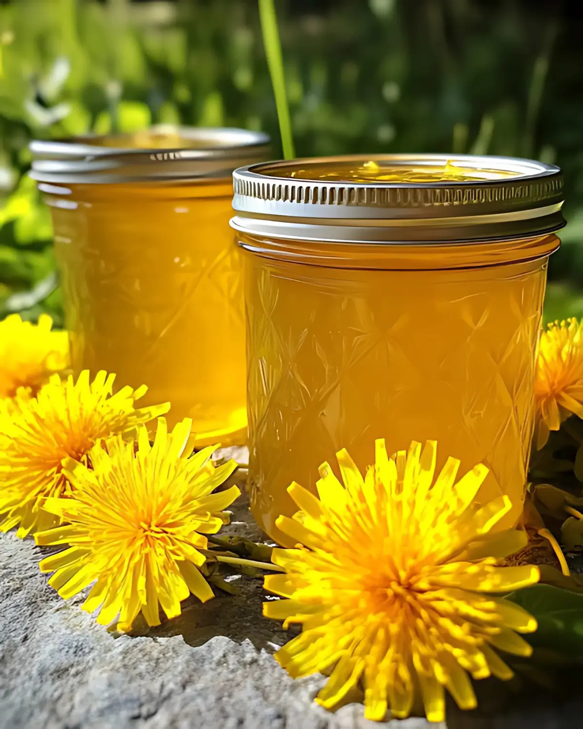 Two jars of golden dandelion jelly surrounded by fresh flowers in a grassy garden