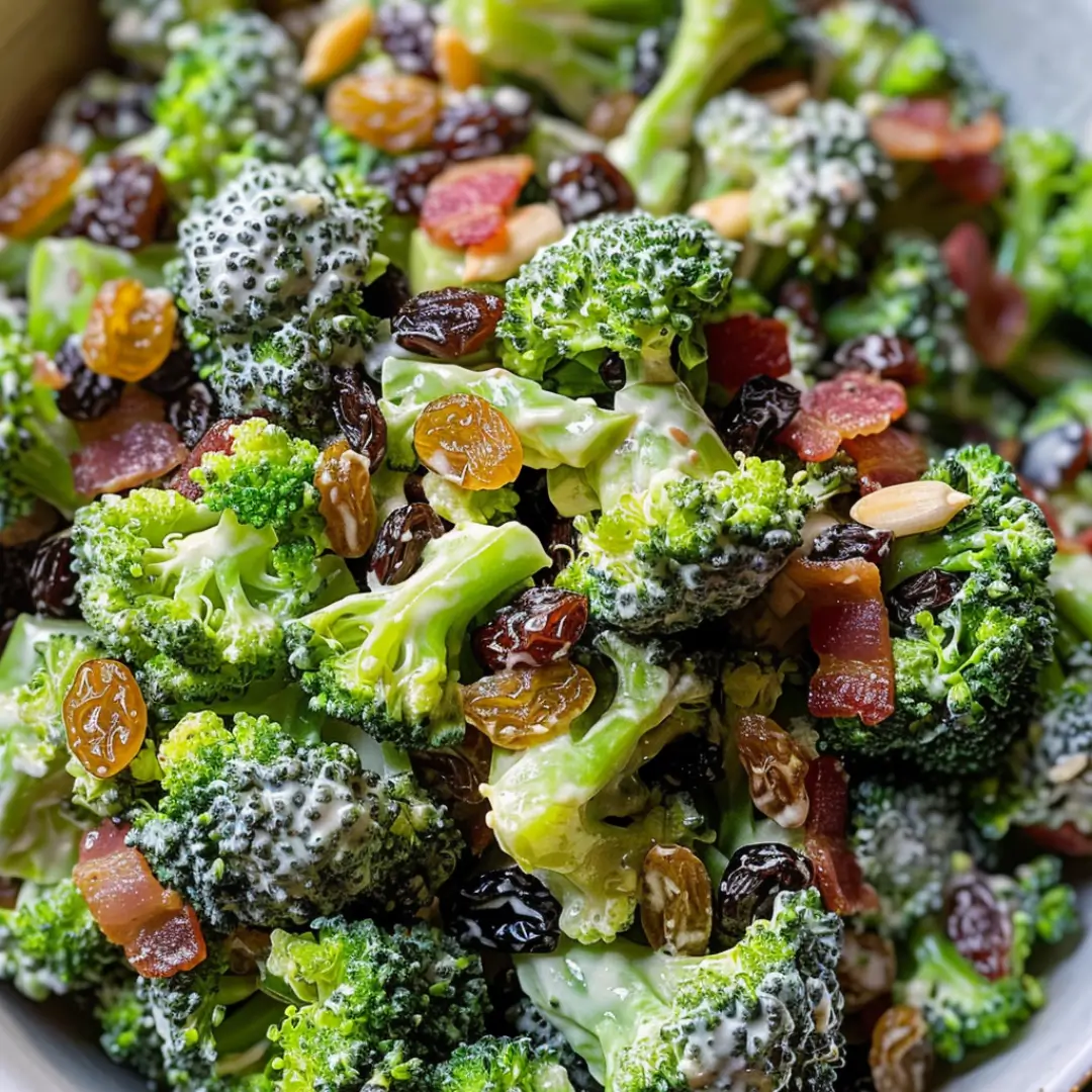Close-up of creamy broccoli raisin salad with bacon, golden raisins, and sunflower seeds in a white bowl